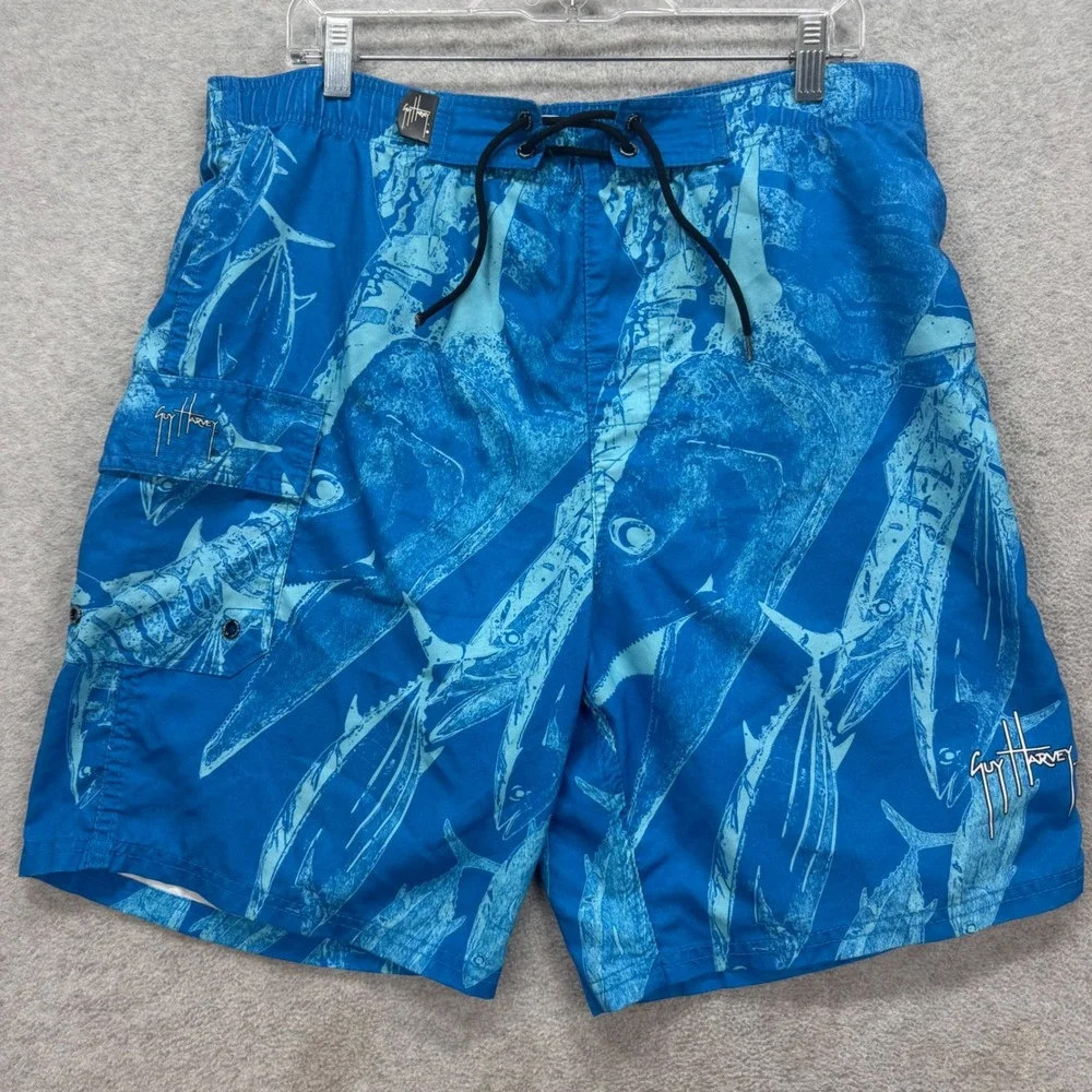 Guy Harvey Swim Trunks Mens Medium Blue Fish Beach Cargo‎ Board Shorts AFTCO